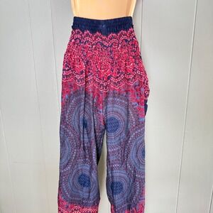 Vintage Gypsy Rose Boho Harem Balloon Pants Mandala Print Smocked Waist Festival